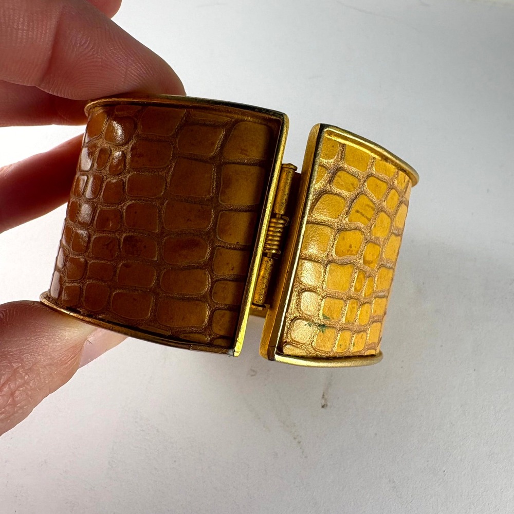 Chunky Gold Tone Wide Cuff Bracelet Crocodile Embossed Textured Hinged Clasp - Picture 4 of 4